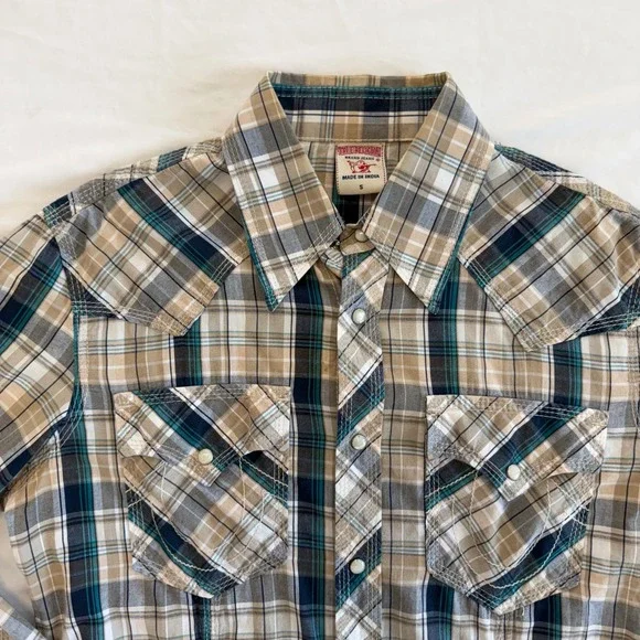 True Religion Western Shirt Mens Small‎ Plaid Long Sleeve Snap Front Casual Y2K - Picture 2 of 5